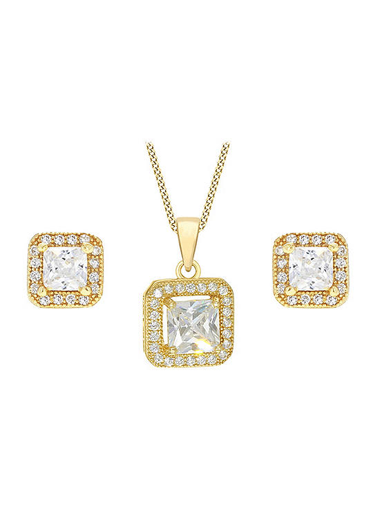 Tuscany Silver Silver Gold Plated Cubic Zirconia Square Pendant & Earrings Set