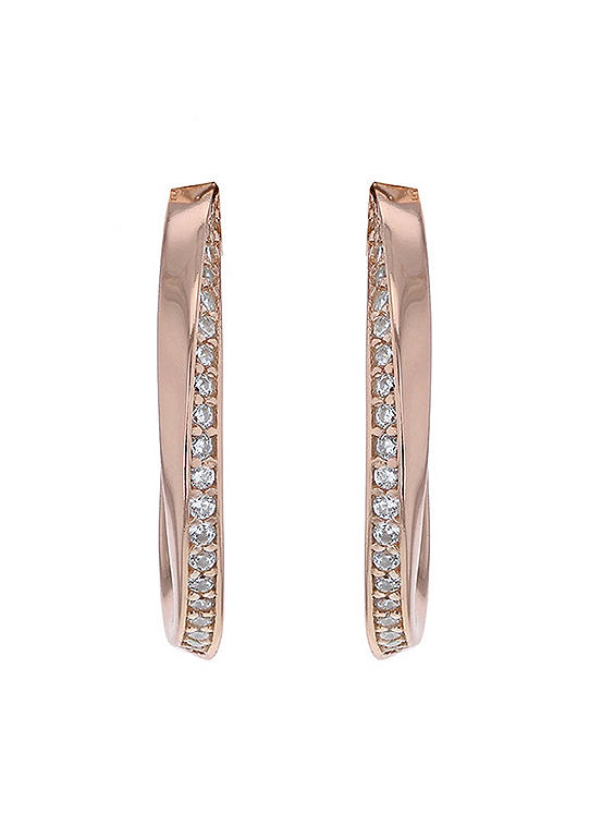 Tuscany Silver Sterling Silver Rose Gold Plated CZ Twist Tube Hoop Earrings