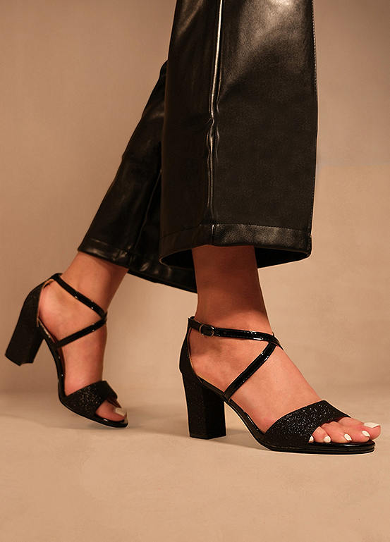 Where’s That From Ruth Black Glitter Wide Fit Block Heel Sandals