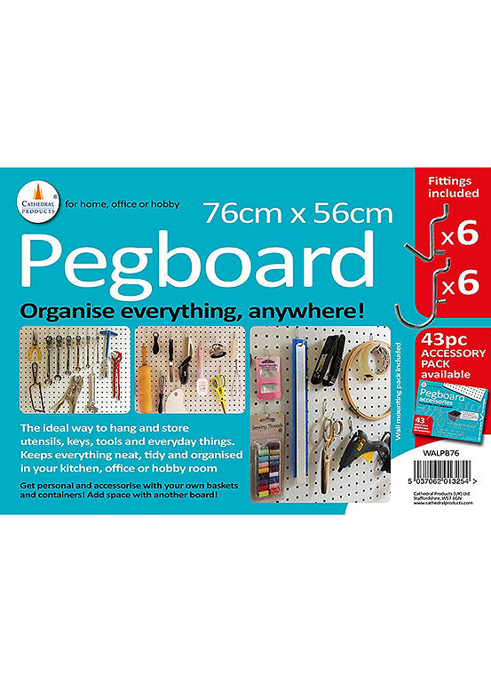 White Peg Board 76 x 56cm with 12 Hooks