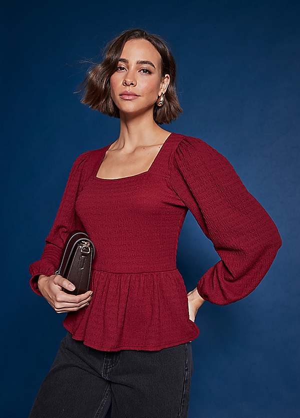 365 by Freemans Burgundy Textured Peplum Top | Kaleidoscope