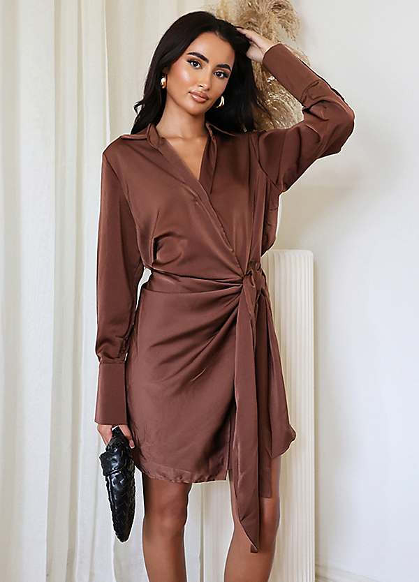 AX Paris Chocolate Satin Wrap Long Sleeve Mini Dress