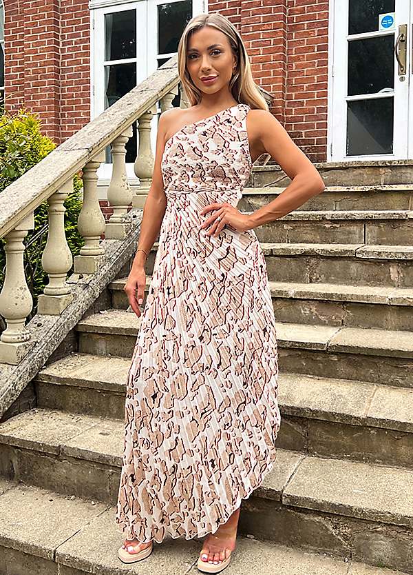 AX Paris Cream Printed One Shoulder Pleated Midi Dress | Kaleidoscope