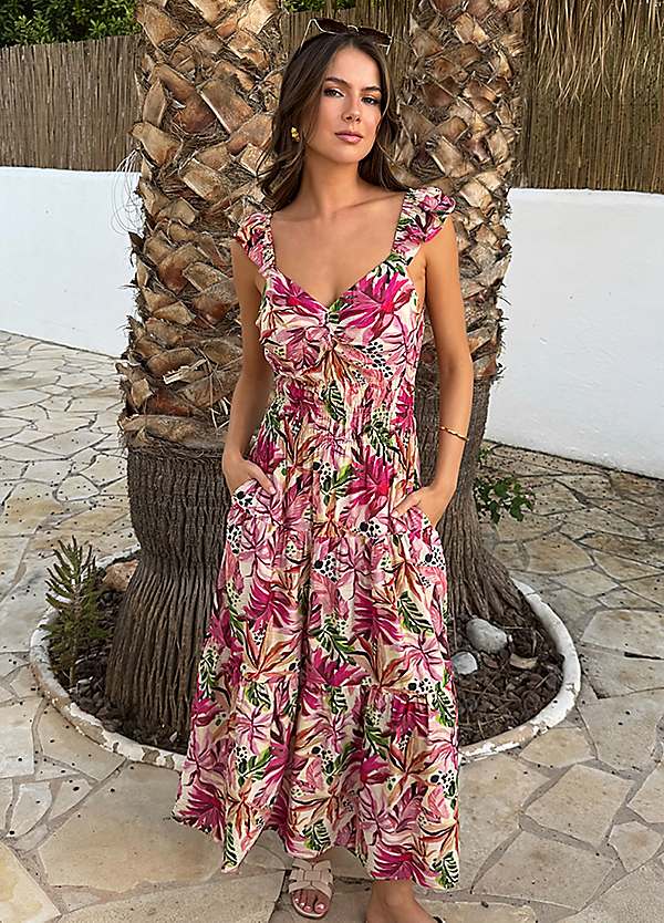 AX Paris Multi Tropical Floral Print Frill Strap Smock Midi Dress