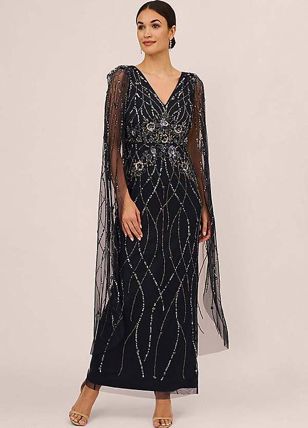 Adrianna Papell Beaded Cape Gown