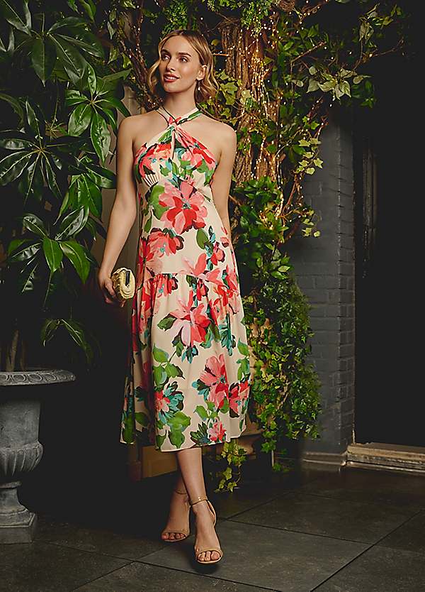 Adrianna Papell Halter Flounce Midi Dress Kaleidoscope