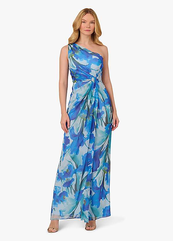 Draped Gown Adrianna Papell Printed Ruched Chiffon Gown