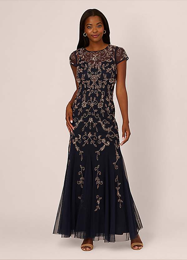 【海外限定】AdriannaPapell ドレス☆Papell Studio Beaded Mesh Adrianna Papell Studio Bead Mesh Godet Long Dress | Kaleidoscope