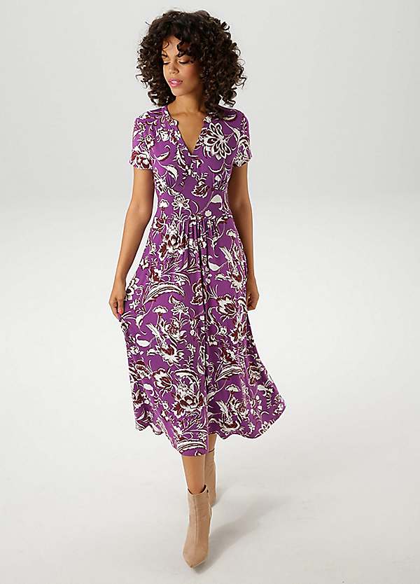 ENLACHIC Women's Summer Dress – Purple Lemon Print, Short Sleeve Swing Midi, Size 3X-Large