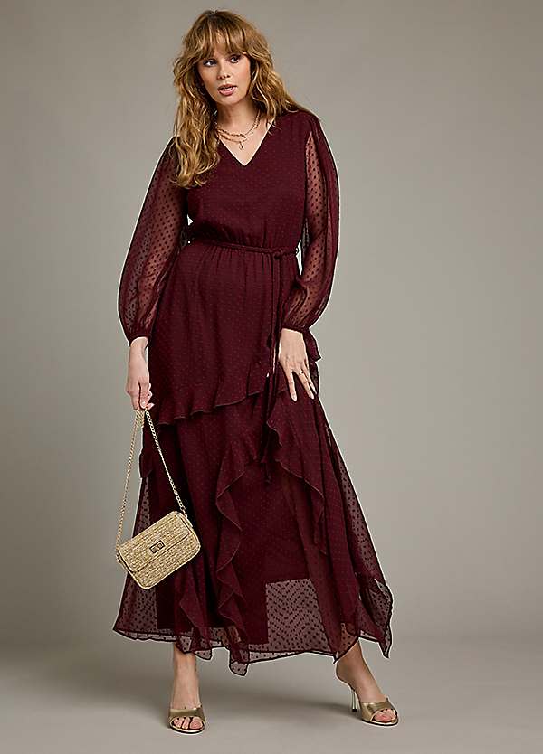 Berry Dobby Maxi Dress with Frill Detail by Together