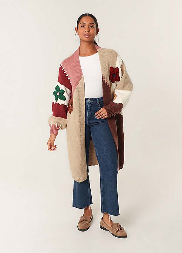 Blue Vanilla Colour Block 3D Flower Longline Cardigan | Kaleidoscope