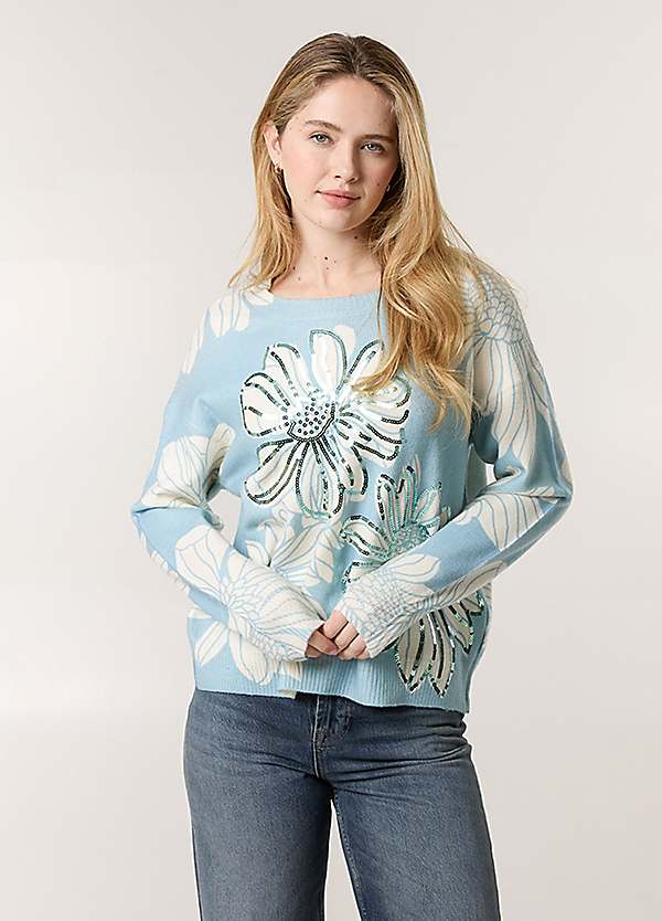 Blue Vanilla Large Flower Embellished Jumper