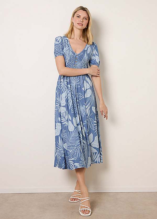 Blue Vanilla Shirred Button V-Neck Midi Dress | Kaleidoscope