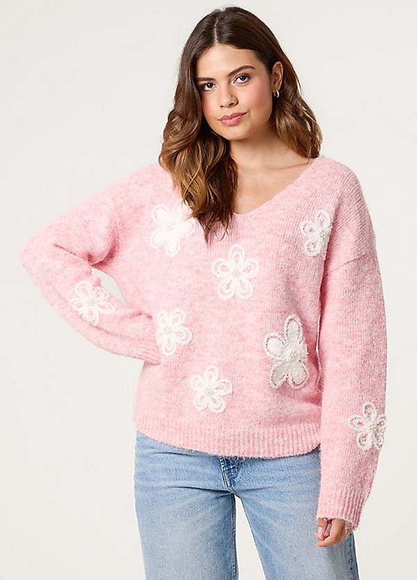 Blue Vanilla V-Neck Flower Pearl Jumper Kaleidoscope