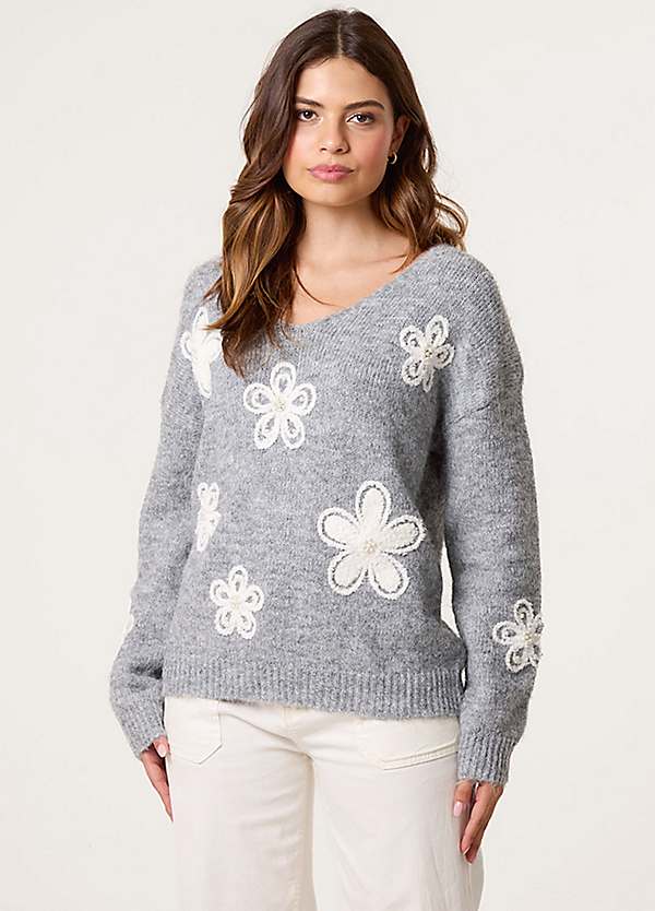 Blue Vanilla V-Neck Flower Pearl Jumper