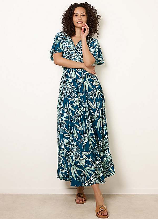 Blue Vanilla Wrap Over Angel Sleeve Shirred Maxi Dress