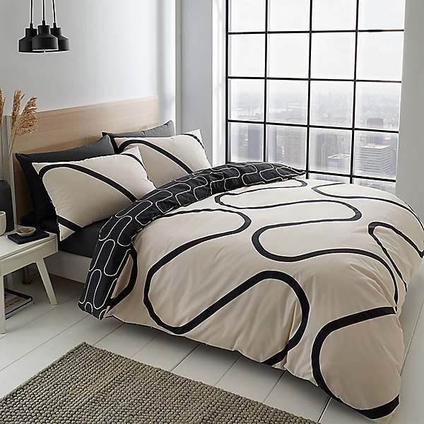 Catherine Lansfield Linear Curve, Black And Cream Duvet Covers