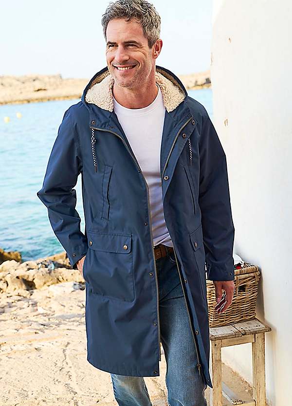 Fleece Lined Long Navy Waterproof Coat Cotton Traders Mens