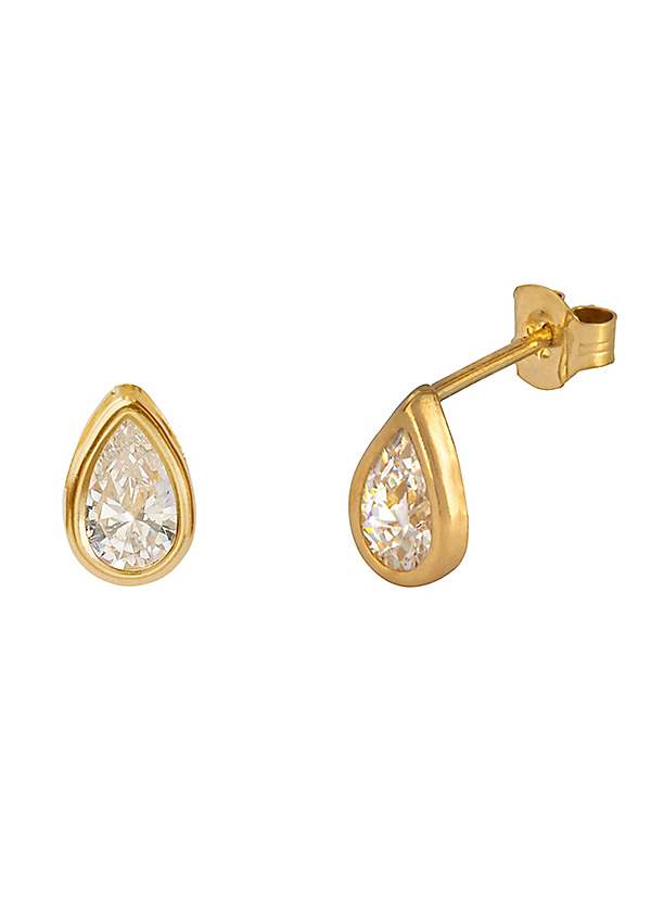 For You Collection 9ct Solid Gold Teardrop Rubover Cubic Zirconia Stud  Earrings