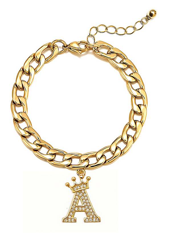 For You Collection Gold Plated Crystal Letter Charm Curb Bracelet