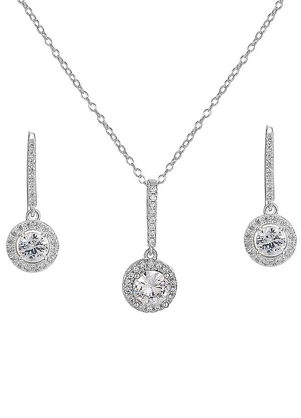 For You Collection Sterling Silver Hook Drop Halo Cubic Zirconia Earring  and Pendant Adjustable Necklace Set