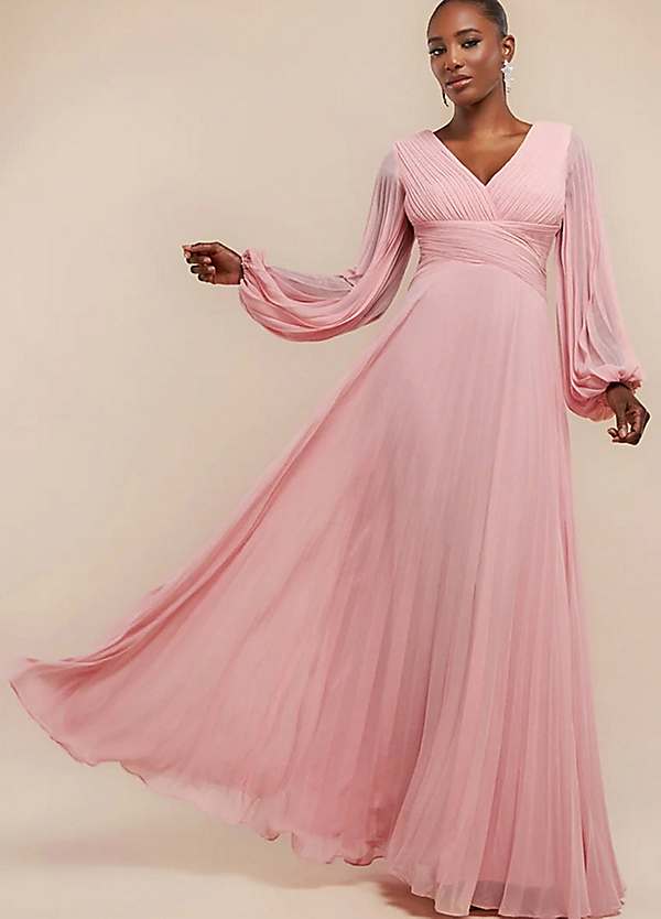dusky pink long sleeve dress Dusty Pink Silk Midi Dress, Long Sleeve Bow Tie Neck