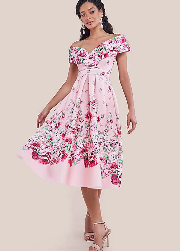Goddiva Bardot Floral Print A-Line Scuba Foam Midi Dress
