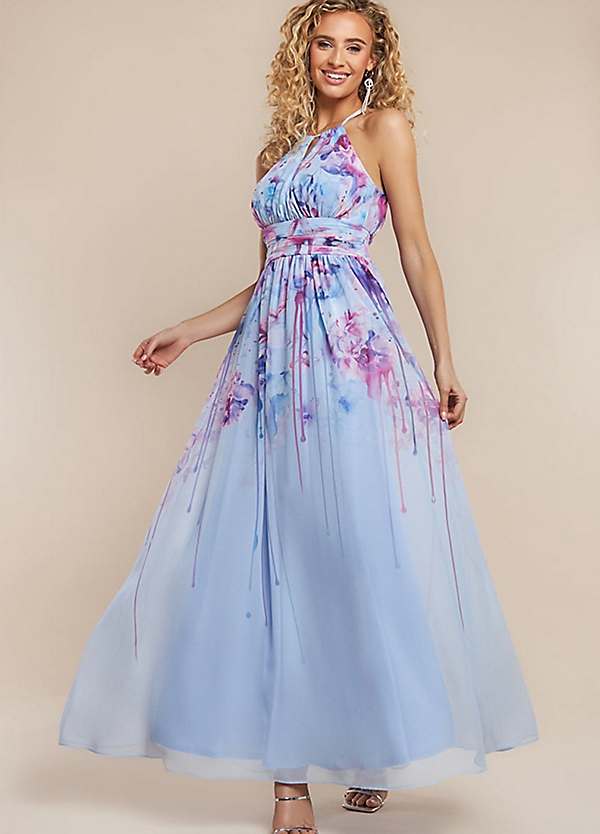 Goddiva Floral Printed Chiffon Halter Maxi Dress | Kaleidoscope