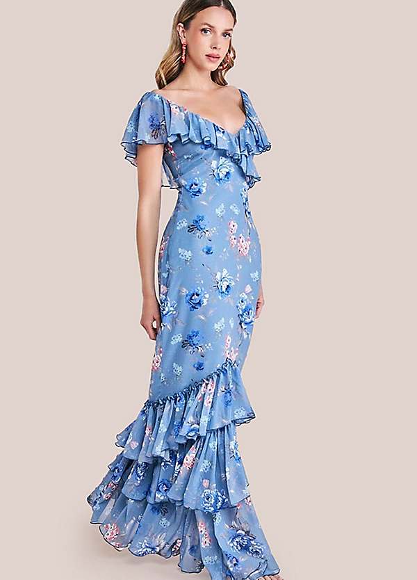sachin and babi light blue dress Goddiva Floral Printed Chiffon Ruffle Maxi Dress