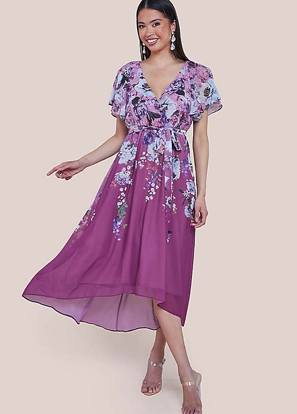 Goddiva Flutter Sleeve A-Line Chiffon Floral Printed Midi Dress |  Kaleidoscope