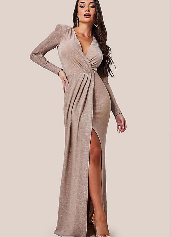 Goddiva Plunge Neck Wrap Front Split Lurex Maxi Dress