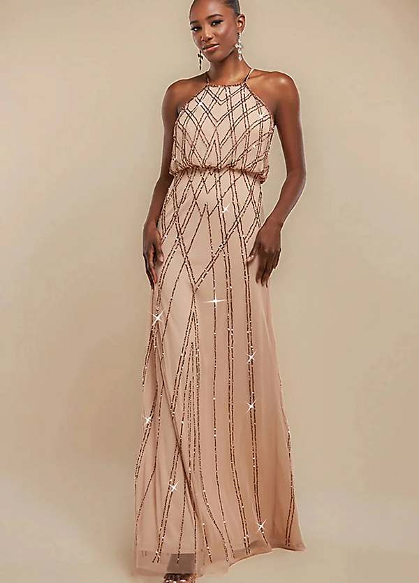 goddiva bridesmaid dresses Goddiva Halterneck Empire Waist Gathered Sunrise Foil Maxi Dress main image 0