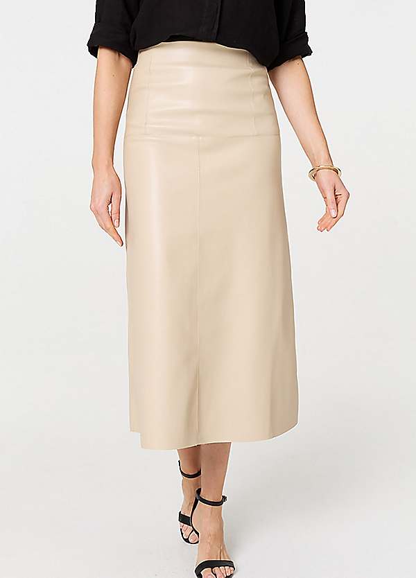 Izabel London Beige Faux Leather High Waist Midi Skirt Kaleidoscope