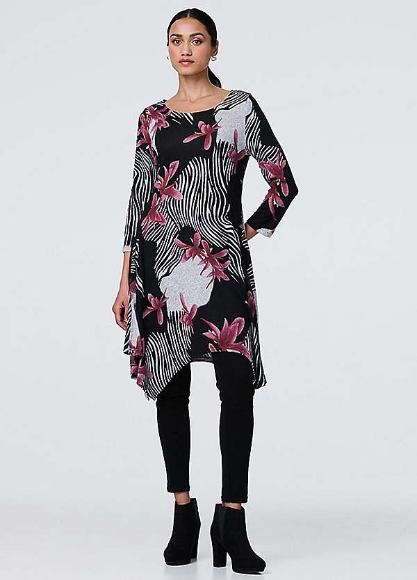 Izabel London Black Abstract Print Hanky Hem Knee Length Dress