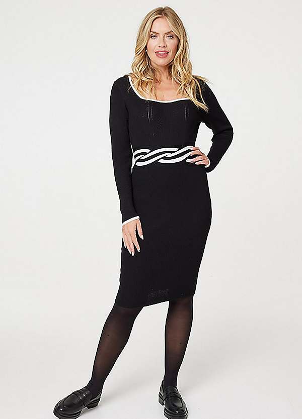 Izabel London Black Belt Detail Knee Length Bodycon Dress