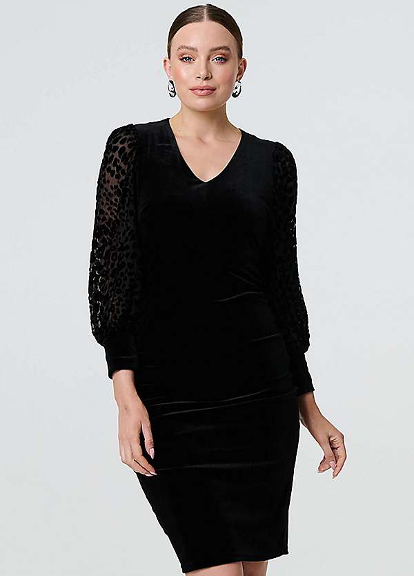 Izabel London Black Floral Velvet Puff Sleeve Midi Dress