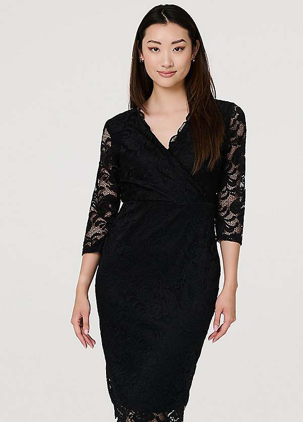 Izabel London Black Lace Three Quarter Sleeve Faux Wrap Front Dress