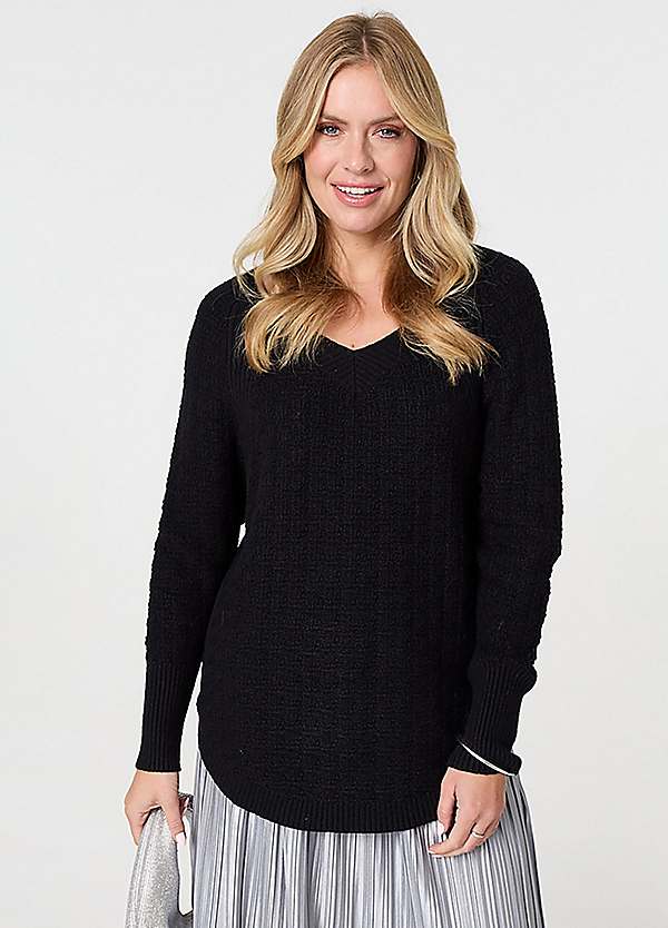 Izabel London Black Textured V-Neck Relaxed Curve Hem Jumper