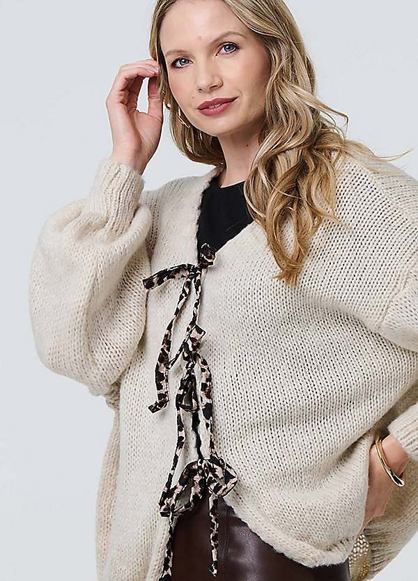 Izabel London Cream Animal Print Tie Balloon Sleeve Cardigan