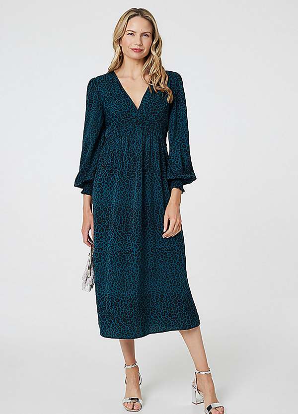 Izabel London Green Animal Print Long Puff Sleeve Midi Dress