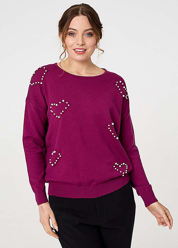 Izabel London Magenta Heart Embellished Boat Neck Jumper