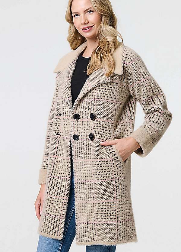 Izabel London Multi Beige Checked Button Front Thigh Length Trench