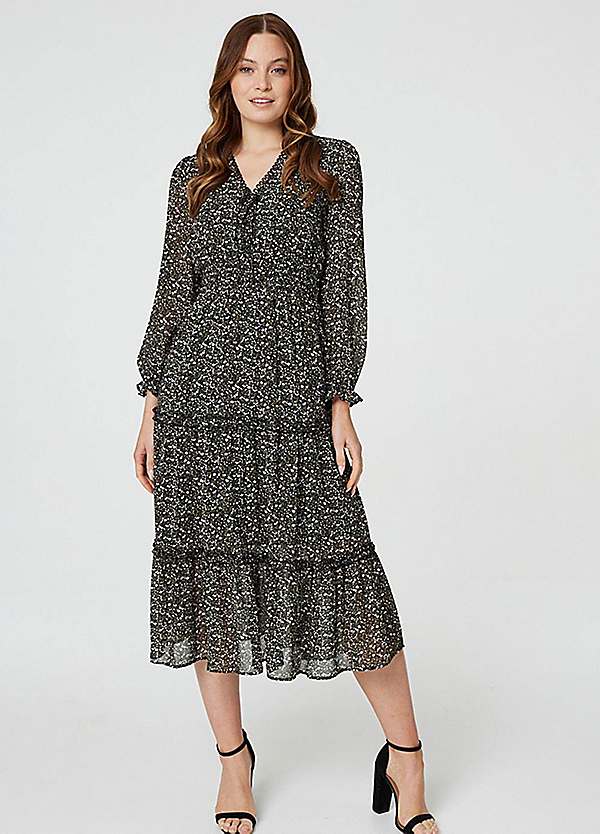 Izabel London Multi Black Floral Tie Front Tiered Midi Dress