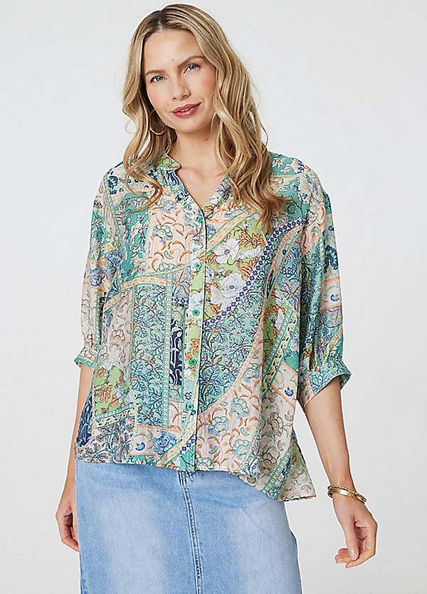 Izabel London Multi Green Paisley 3/4 Collarless Blouse