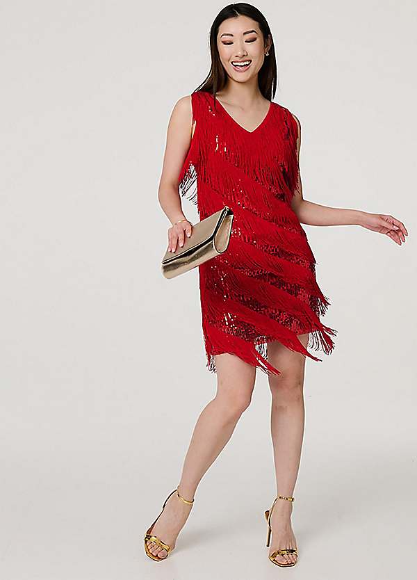 Izabel London Red Sequin Tassel Fringed Mini Dress | Kaleidoscope
