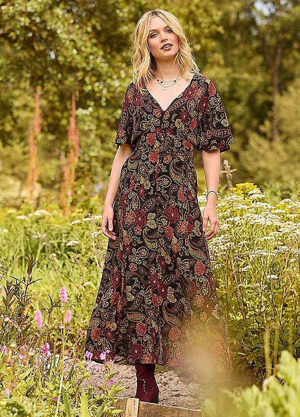 Summer Dresses Uk Joe Browns Dark Autumn Floral Wide Sleeve Button-Through Maxi  Dress Kaleidoscope