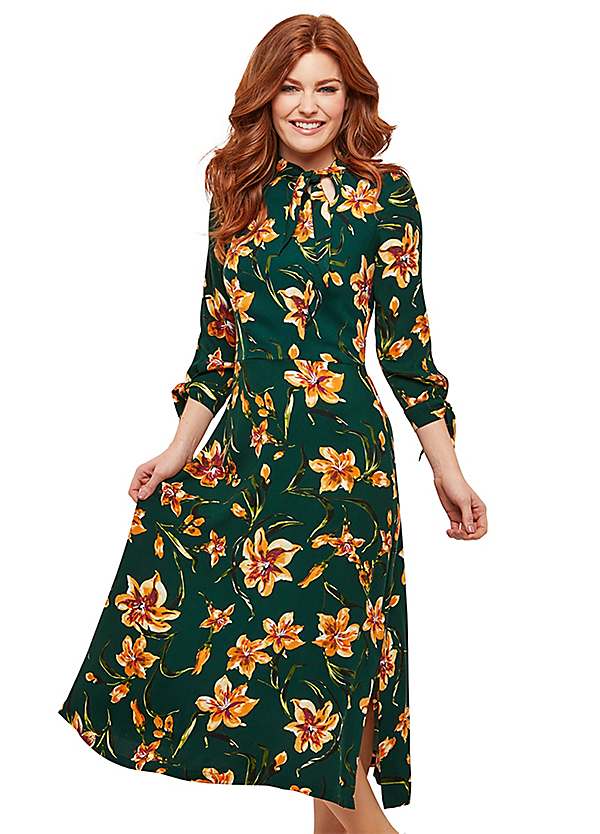 high neck floral midi dress