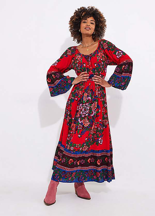 Joe Browns Petite Mock Button Boho Print Shirred Waist Maxi Dress