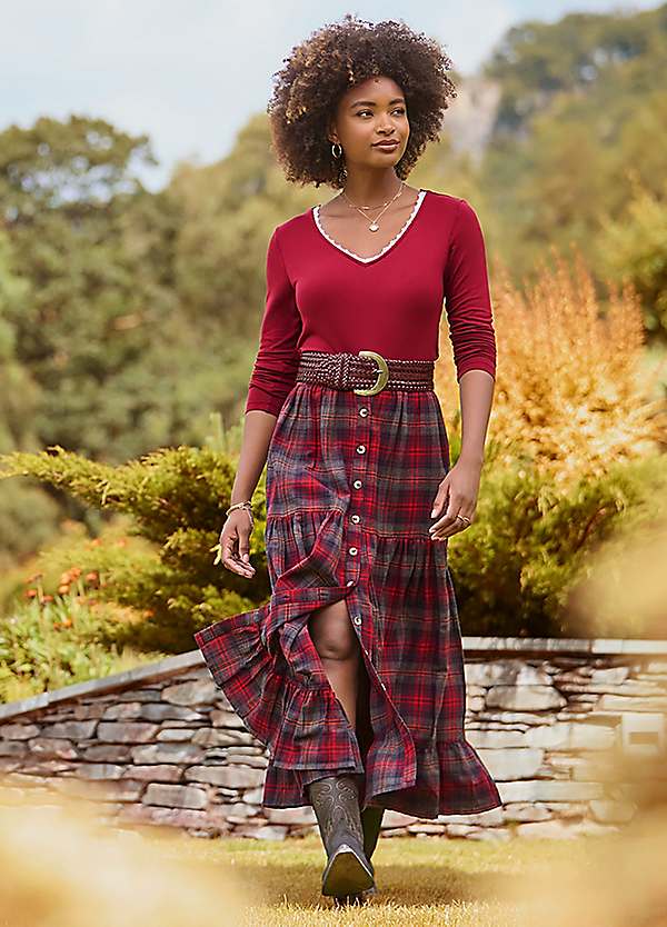Fashion Red Plaid Skirt Long Long Wool Skirt In Log Cabin-Extra Small  Revivall Clothing