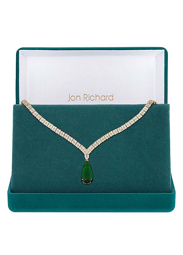 Jon Richard Gold Plated Cubic Zirconia Emerald Green Pear Drop Collar  Necklace Gift Boxed